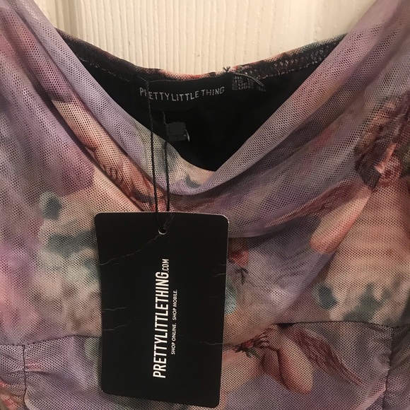 NWT Pretty Little Thing Renaissance Print Strappy Ruched Tie Hem Bodycon Dress - Picture 3 of 7